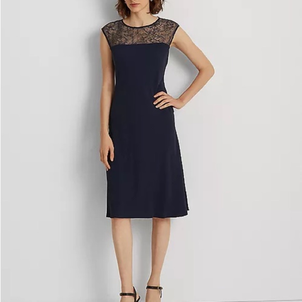 NWT Lauren Ralph Lauren Navy Blue LaceTop Dress Size 6